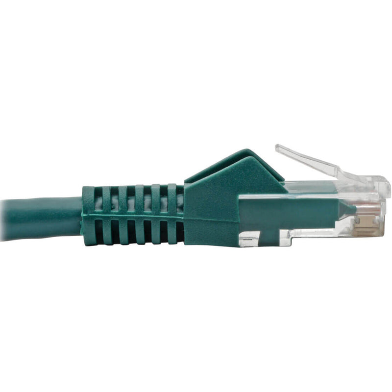 Side profile of green Cat6 cable connector showing strain relief boot design