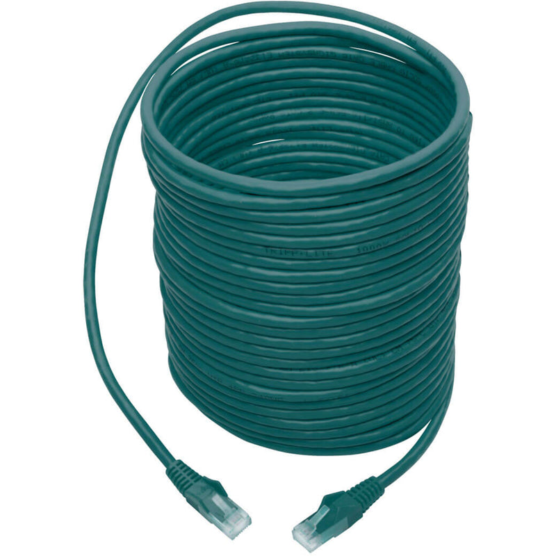 Full length view of coiled 35-foot green Cat6 network cable with connectors