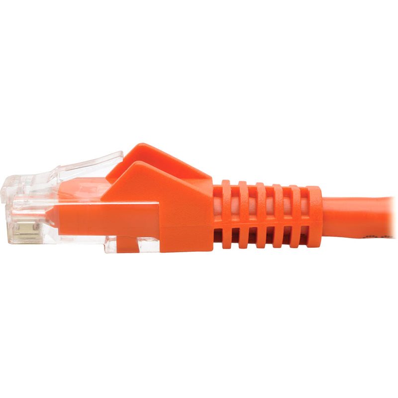 Detailed side profile of orange Cat6 connector showing internal construction