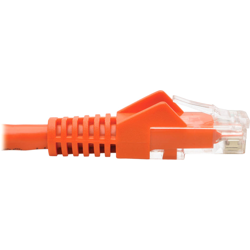 Side view of orange Cat6 cable connector showing strain relief and boot design