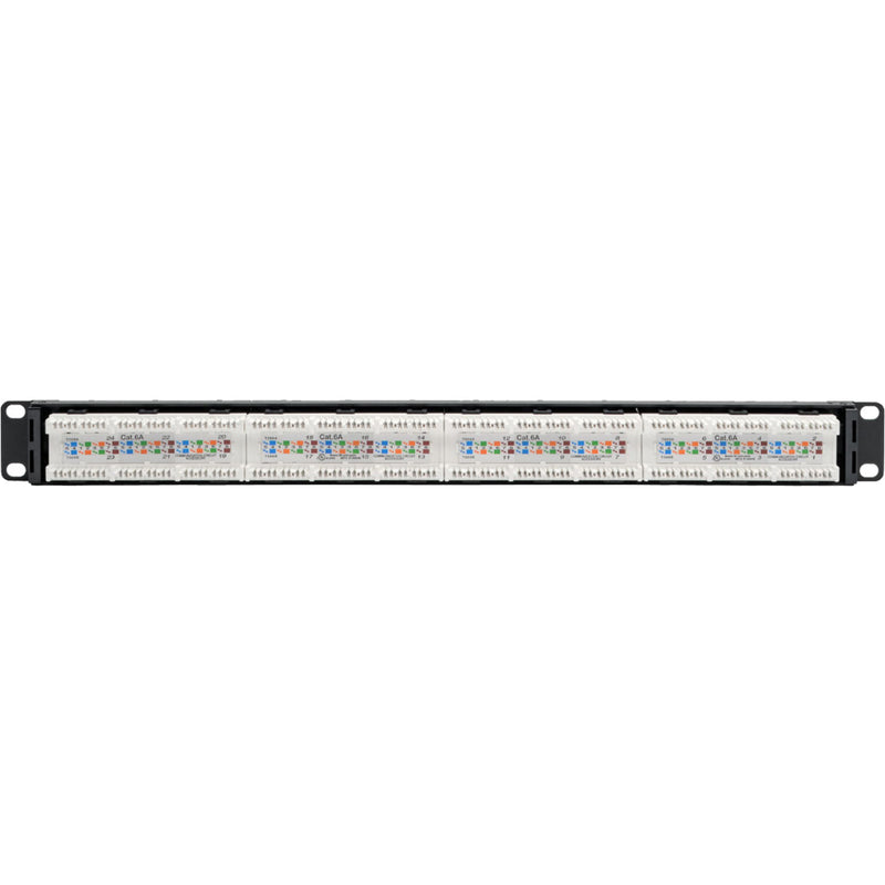 Close-up view of the 110 punchdown termination blocks with color-coded wiring guides on the Tripp Lite patch panel