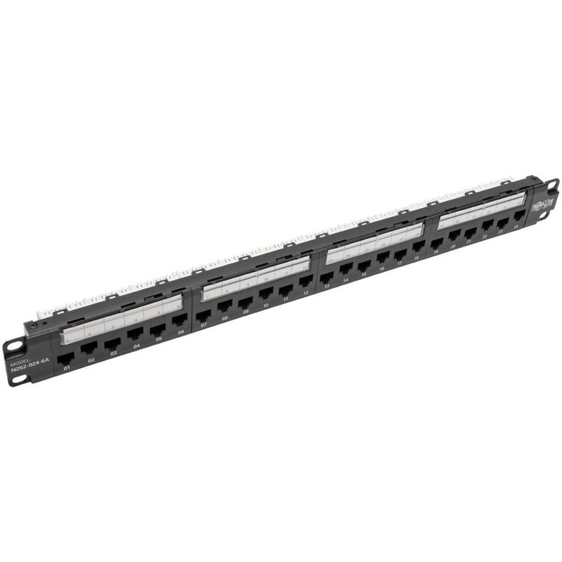 Front view of Tripp Lite N252-024-6A 24-port Cat6a patch panel with numbered ports and rack mounting brackets