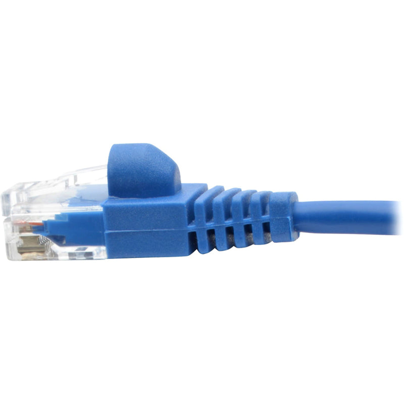 Side profile of network cable connector showing blue strain relief boot design