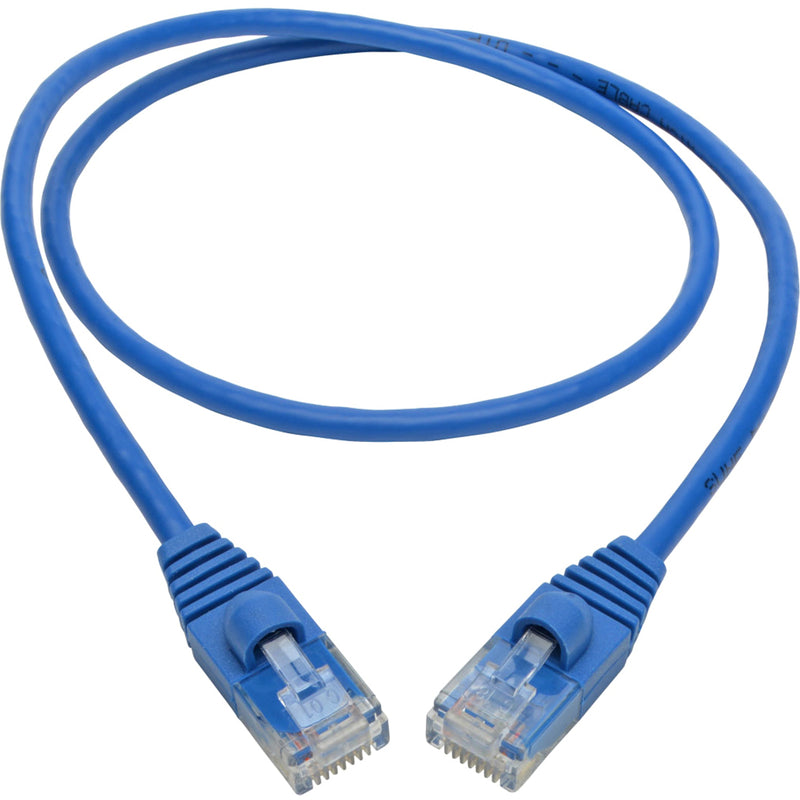 Full length view of blue Cat6a network patch cable with connectors at both ends