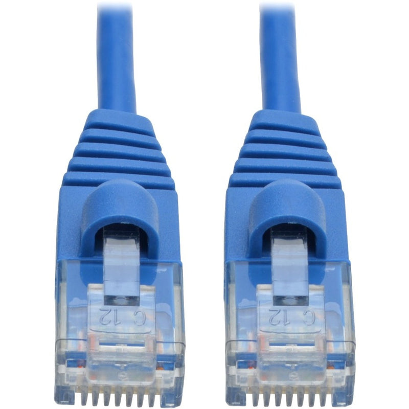 Close-up view of blue snagless RJ45 connectors with transparent housing on Cat6a network cable