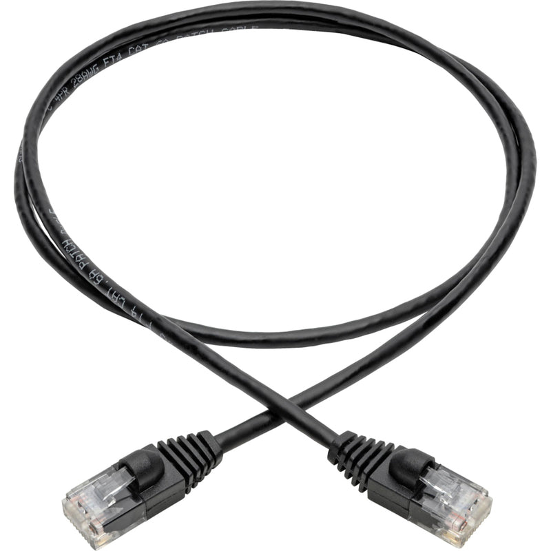 Full length view of slim black Cat6a network cable with connectors at both ends