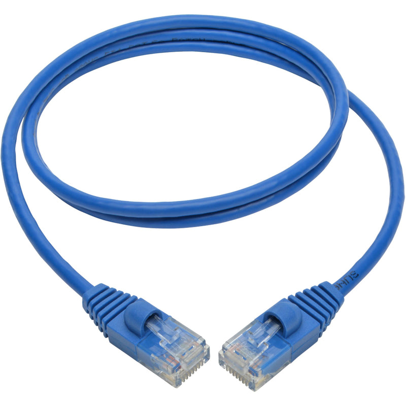 Full length view of slim blue Cat6a ethernet patch cable with connectors