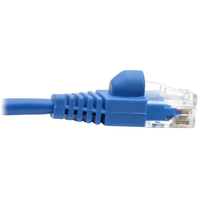 Side profile of RJ45 connector showing blue strain relief boot design