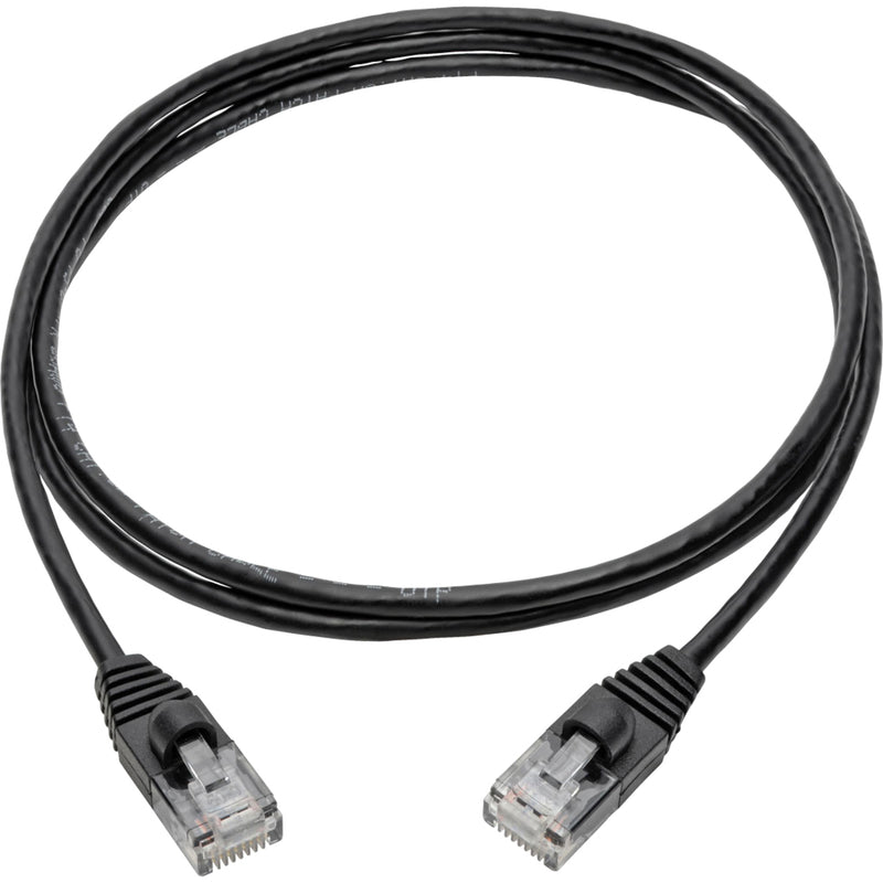 Full length view of slim black Cat6a network cable with snagless connectors