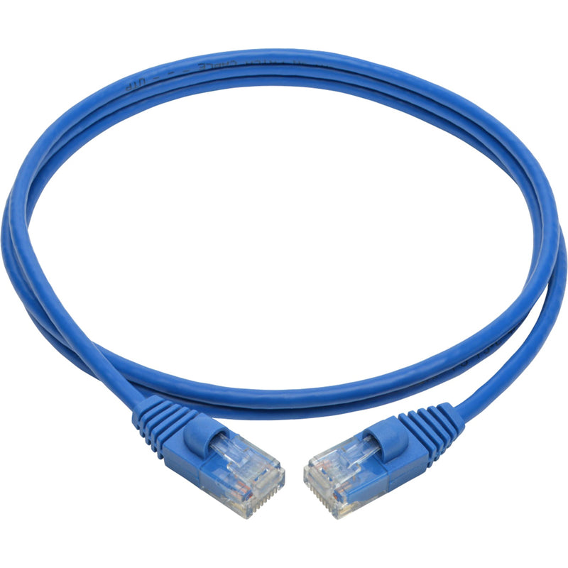 Full view of blue slim Cat6a network patch cable with connectors