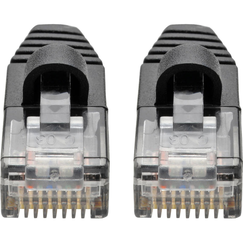 Detailed macro shot of transparent RJ45 connectors showing internal pin arrangement and contact design