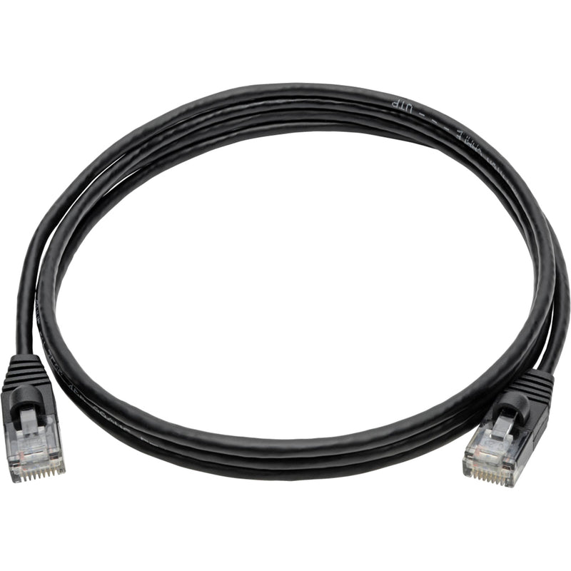 Full length view of black Cat6a network cable showing slim profile and RJ45 connectors at both ends