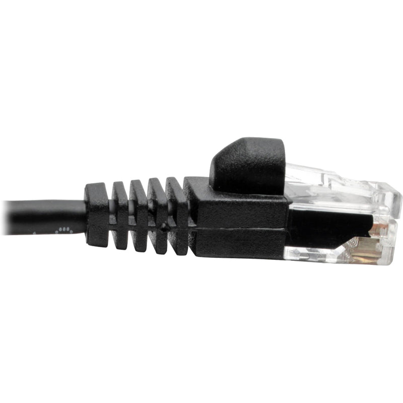 Side view of network cable connector showing snagless boot design and strain relief