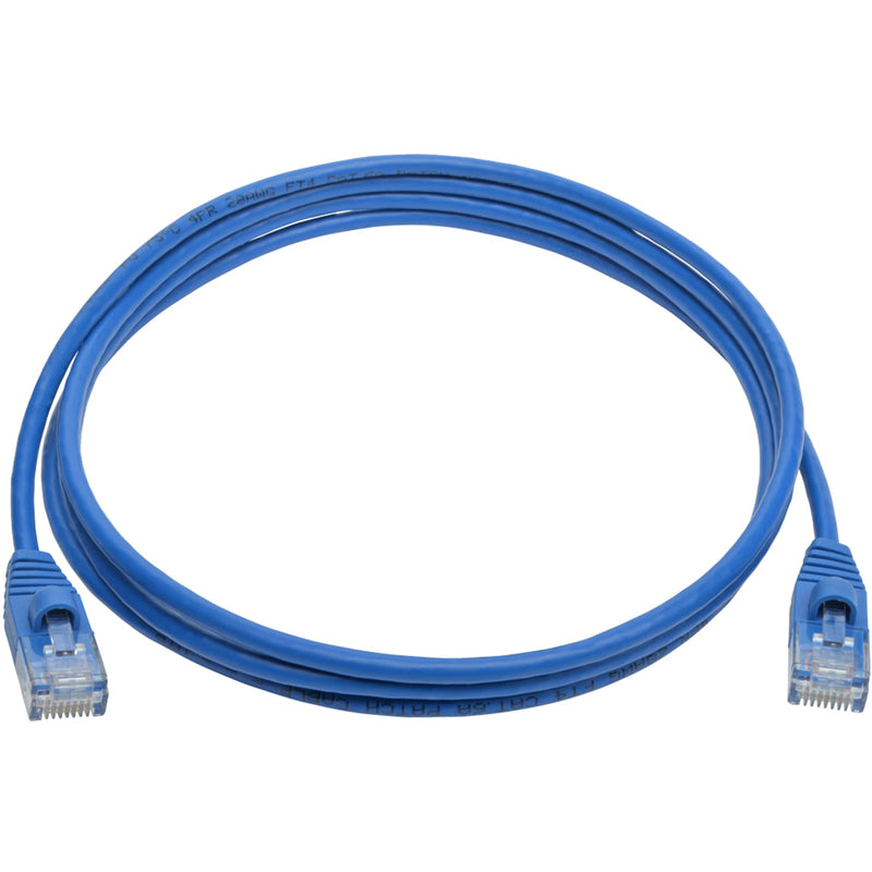 Full length view of blue Cat6a network cable showing slim profile design