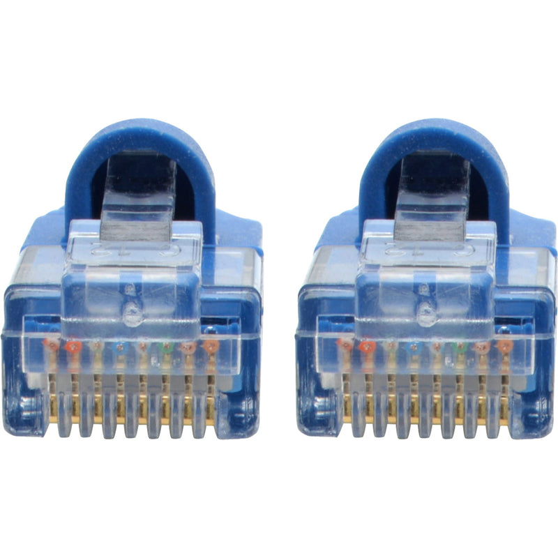 Macro shot of RJ45 connector pins showing internal wiring configuration