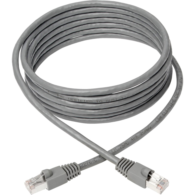 Full length view of coiled gray Cat6a network cable showing flexible design