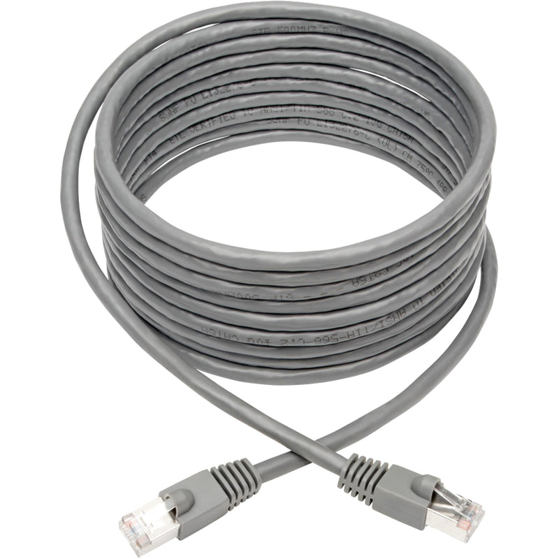 Full length view of coiled gray Cat6a network patch cable showing flexibility and strain relief boots