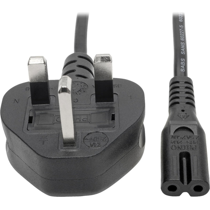 Close-up view of Tripp Lite P061-006 power cord showing BS 1363 UK plug and C7 connector ends