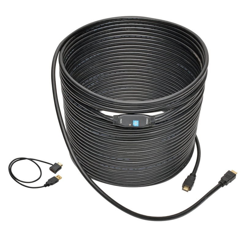 Full view of 100-foot HDMI cable with signal booster and power adapter