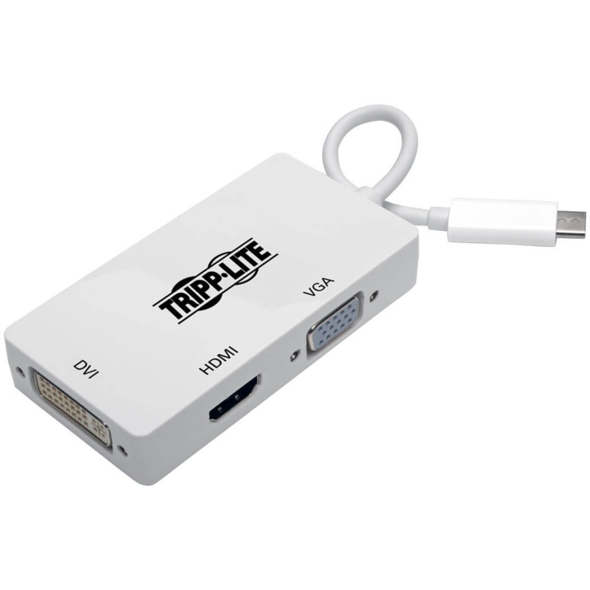 White Tripp Lite USB-C adapter showing DVI, HDMI, and VGA ports with product branding-alternate-image1