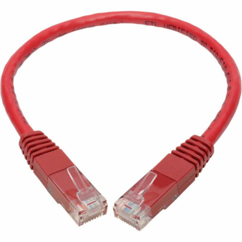 Full view of red Cat6 patch cable showing flexible design and strain relief boots