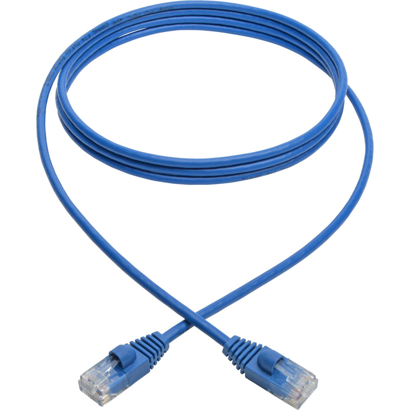 Full length view of blue Cat6a slim network cable with connectors