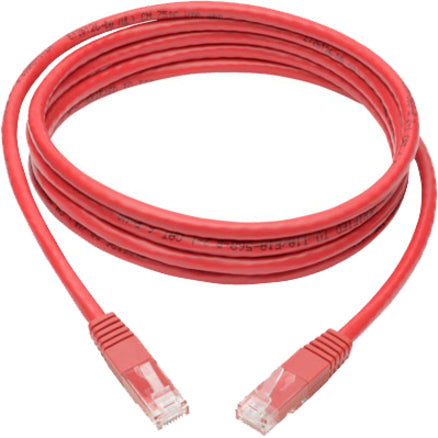 Full length view of red Cat6 network cable showing both connectors and cable coil