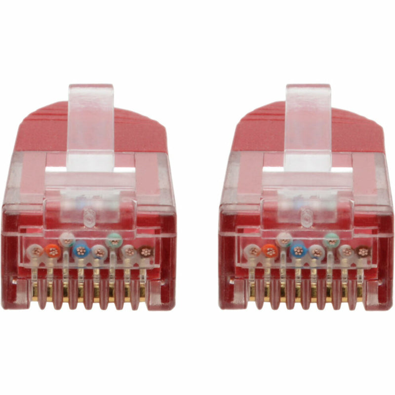 Detailed view of RJ45 connector pins showing internal wiring and contact arrangement