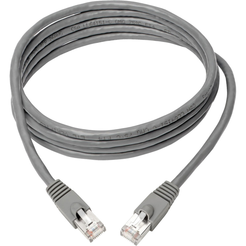 Full length view of gray Cat6a network patch cable showing flexible cable design