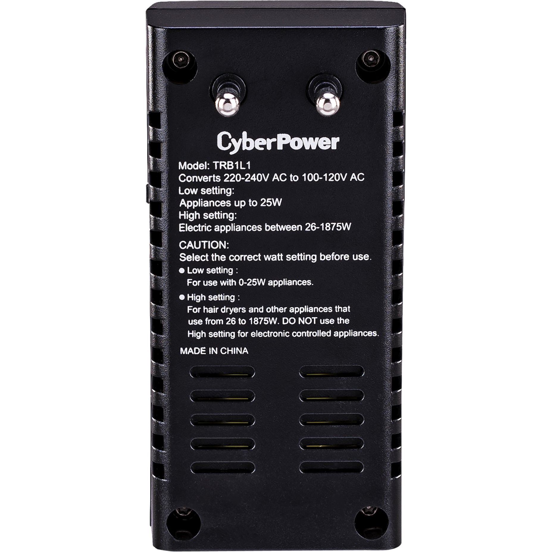 Back view of CyberPower TRB1L1 showing power specifications and usage instructions-alternate-image3