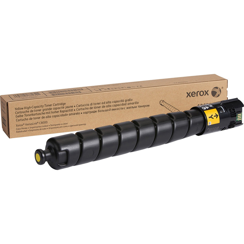 Xerox 106R04048 yellow high-capacity toner cartridge for VersaLink C8000 with packaging, showing spiral design and yellow indicator