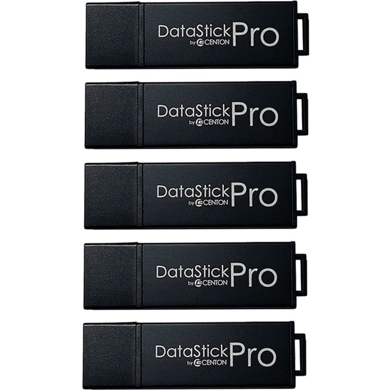 Five black Centon DataStick Pro USB 3.0 flash drives arranged vertically showing branded design