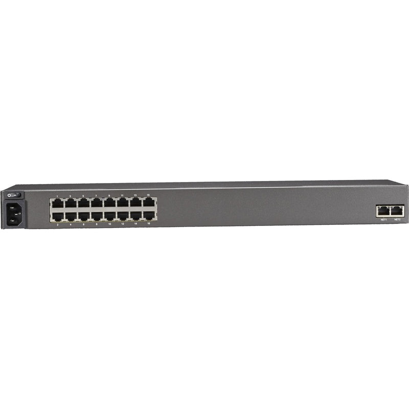 Rear view of Black Box LES1516A Console Server displaying 16 serial ports and power input