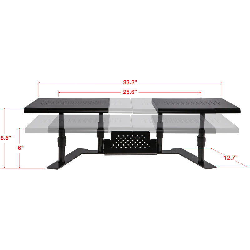 Technical diagram showing dimensions of dual monitor stand