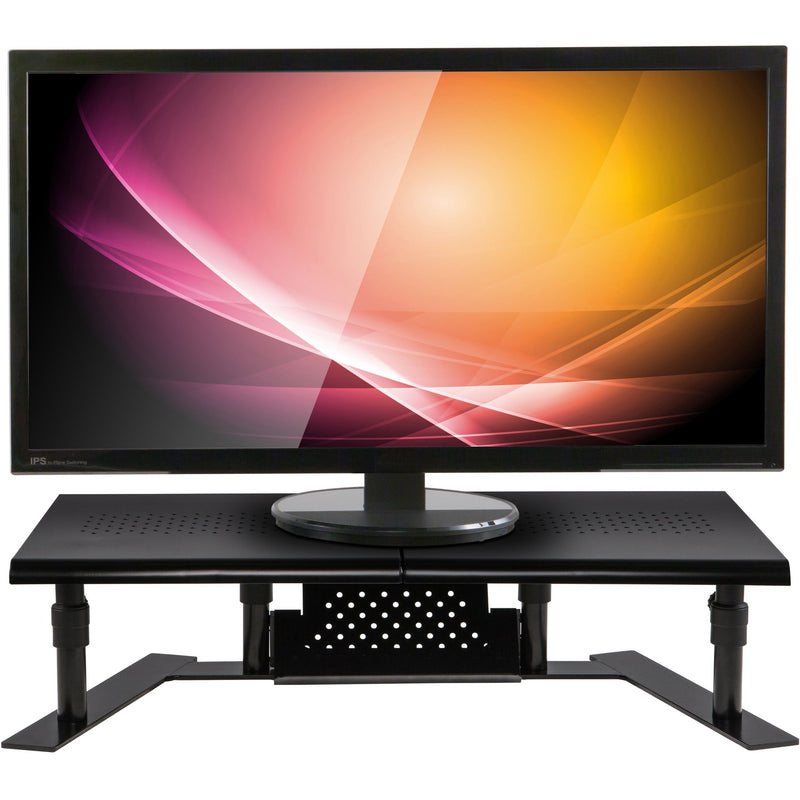 Monitor stand in use with single large display showing ergonomic positioning