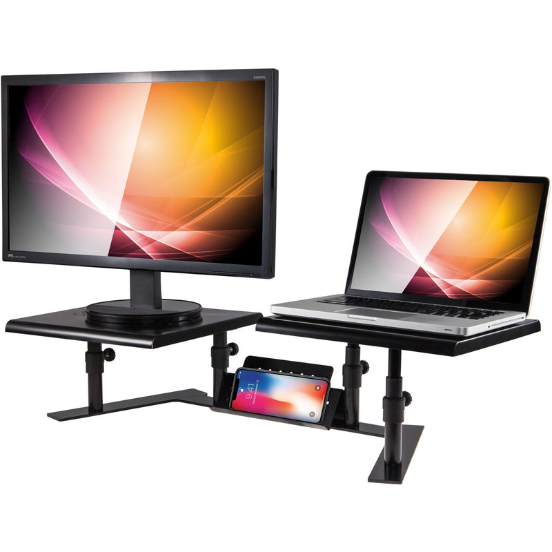 Monitor stand supporting both monitor and laptop with phone in device holder