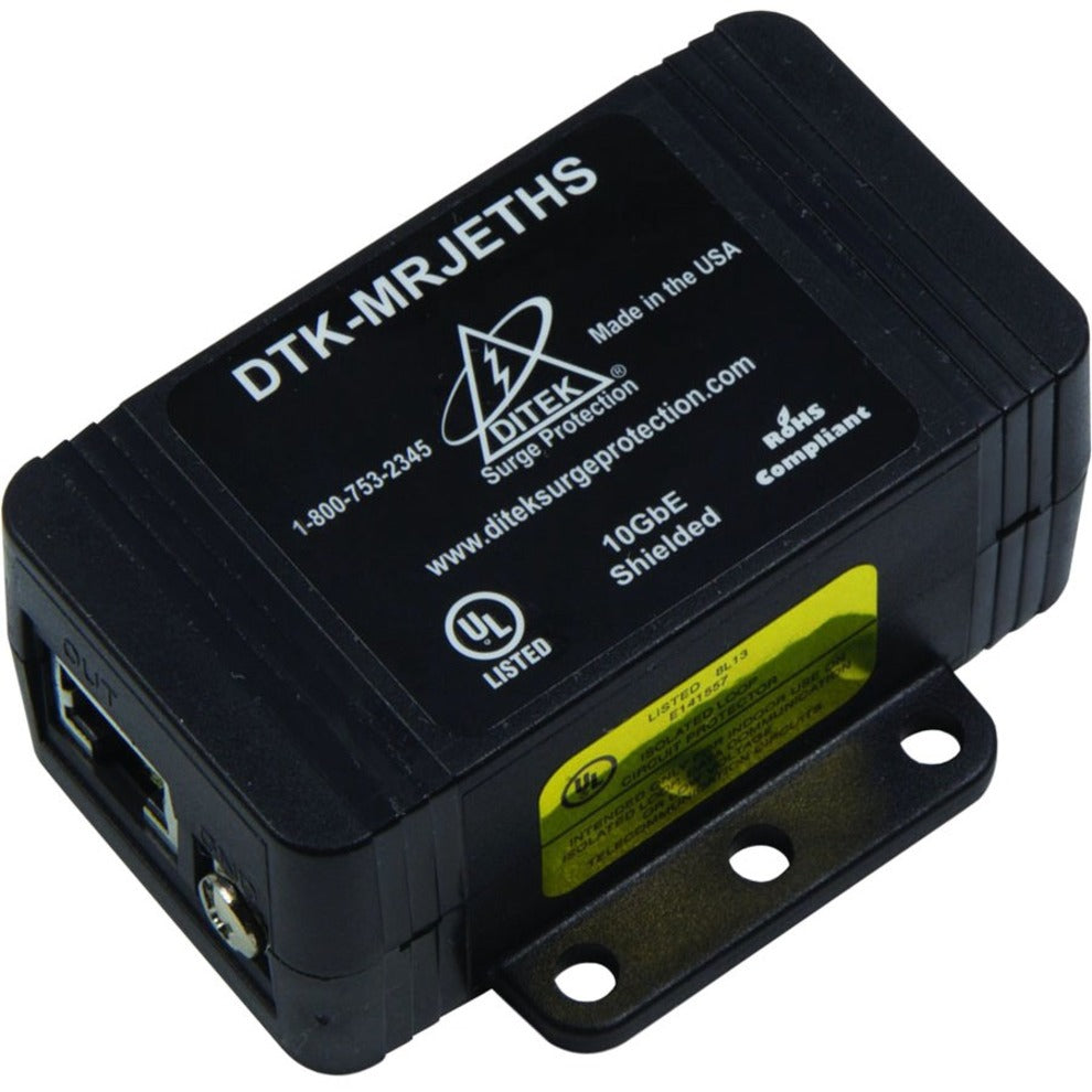 DITEK DTK-MRJETHS surge protector showing RJ-45 ports, mounting bracket, and UL certification label-alternate-image1