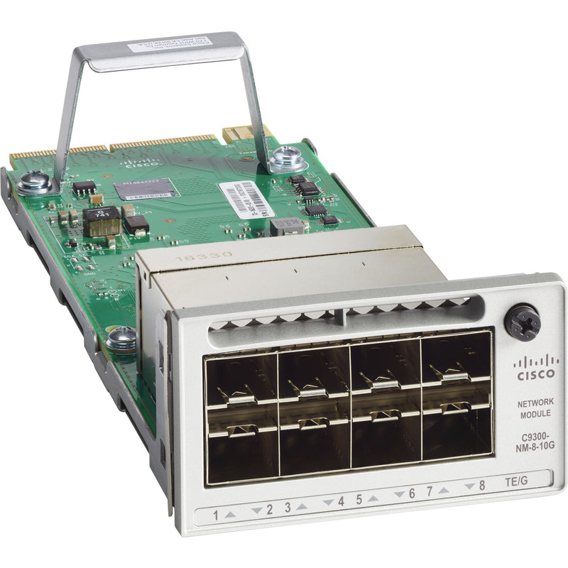 Cisco Catalyst 9300 8-port 10GE Network Module showing green PCB board, silver mounting bracket, and eight 10GE ports with numerical labeling