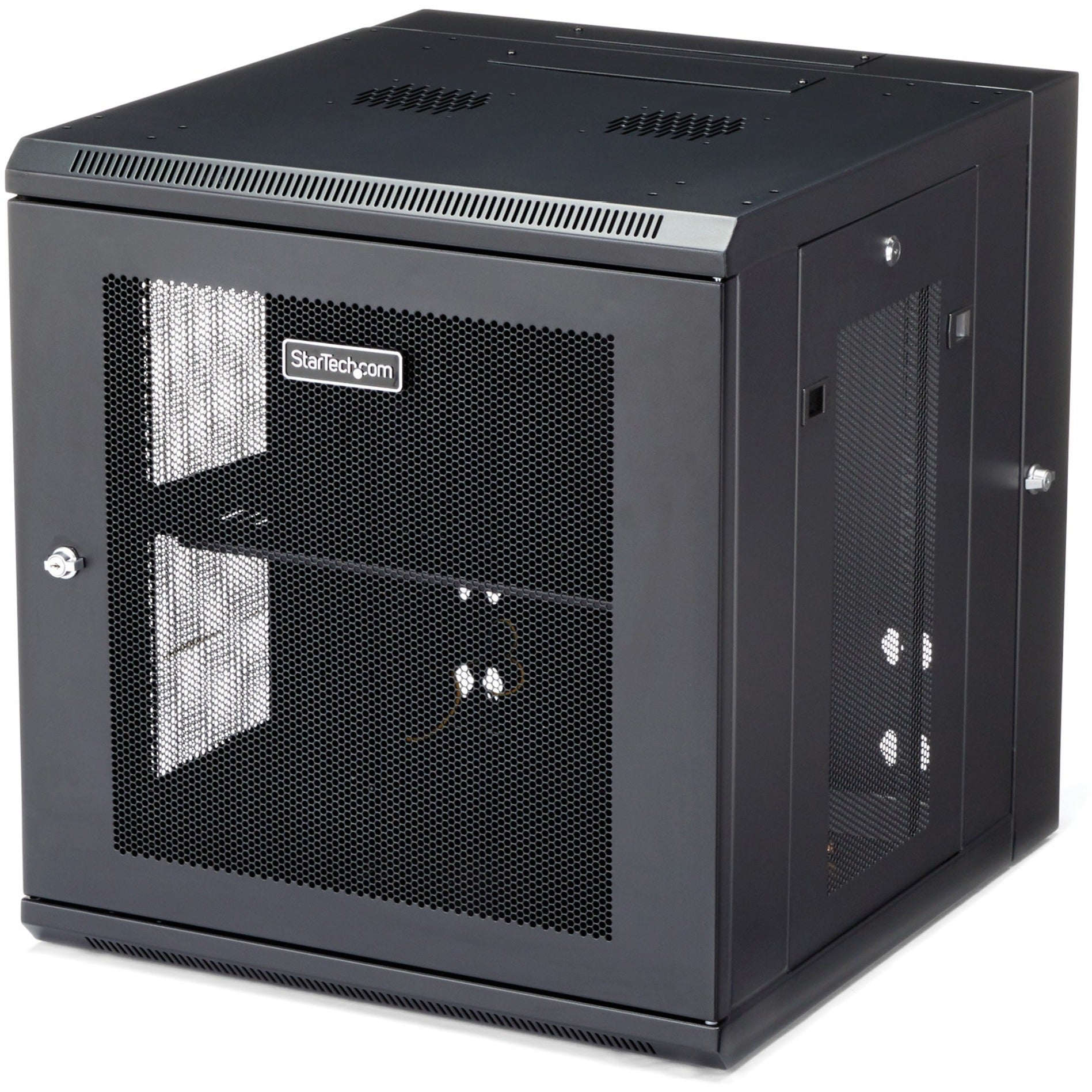 Front view of StarTech.com 12U wall-mount server rack cabinet showing mesh door design and ventilation features-alternate-image1