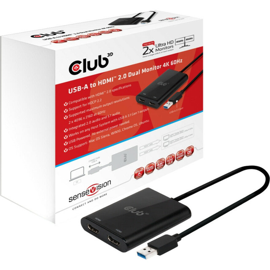 Club 3D CSV-1477 USB A to DisplayPort 1.2 Dual Monitor 4K 60Hz, PC External Graphic Adapter