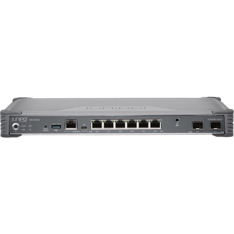 Front view of Juniper SRX300 router showing multiple Gigabit Ethernet ports, USB, console, and management interfaces