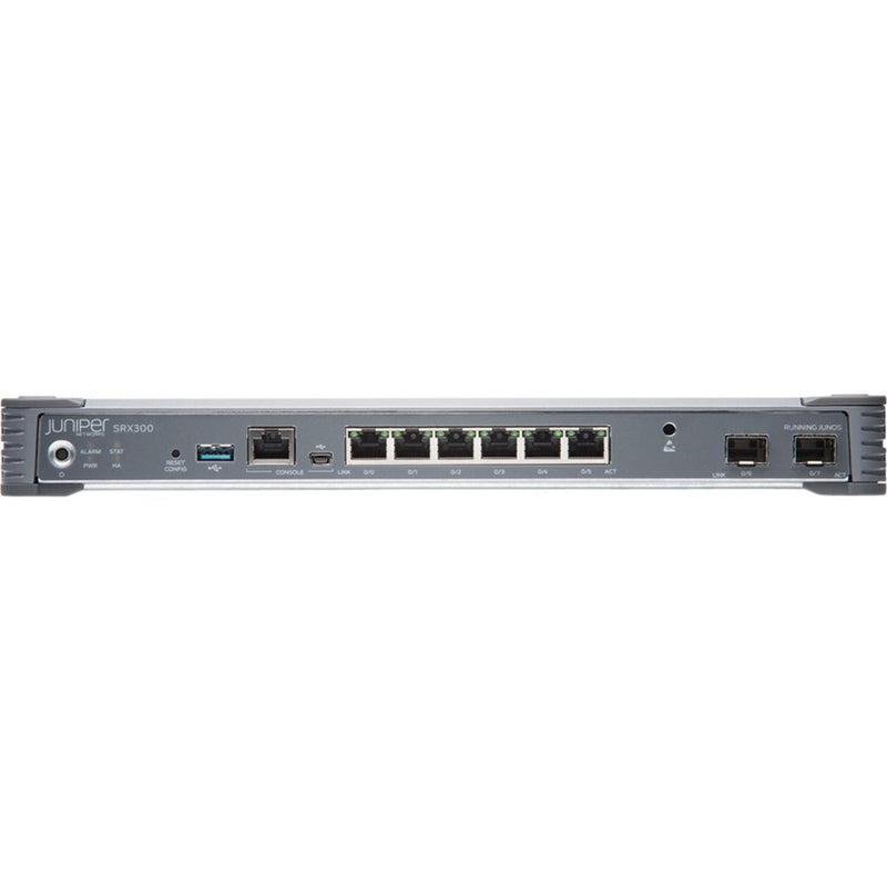 Detailed front panel view of Juniper SRX300 router highlighting port labels and status indicators