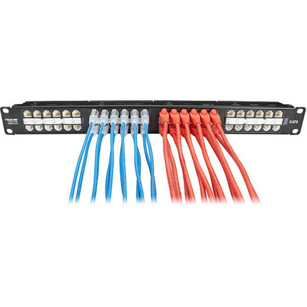 Patch panel showing organized installation of slim blue and red network cables