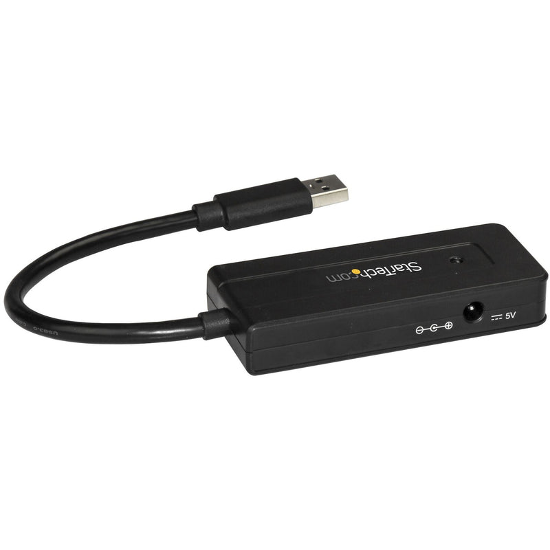 Side view of StarTech.com USB 3.0 hub showing power input port and USB connection cable