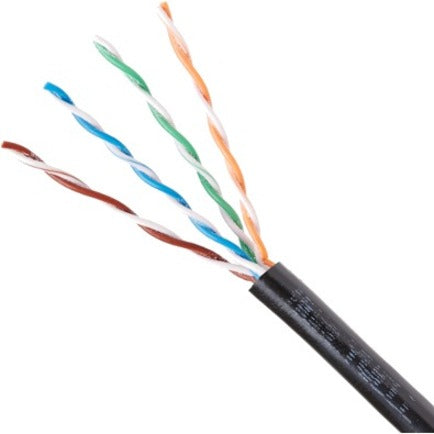 Close-up view of Genesis Cat5e outdoor cable showing four twisted pairs in blue, green, orange, and brown with black outer jacket