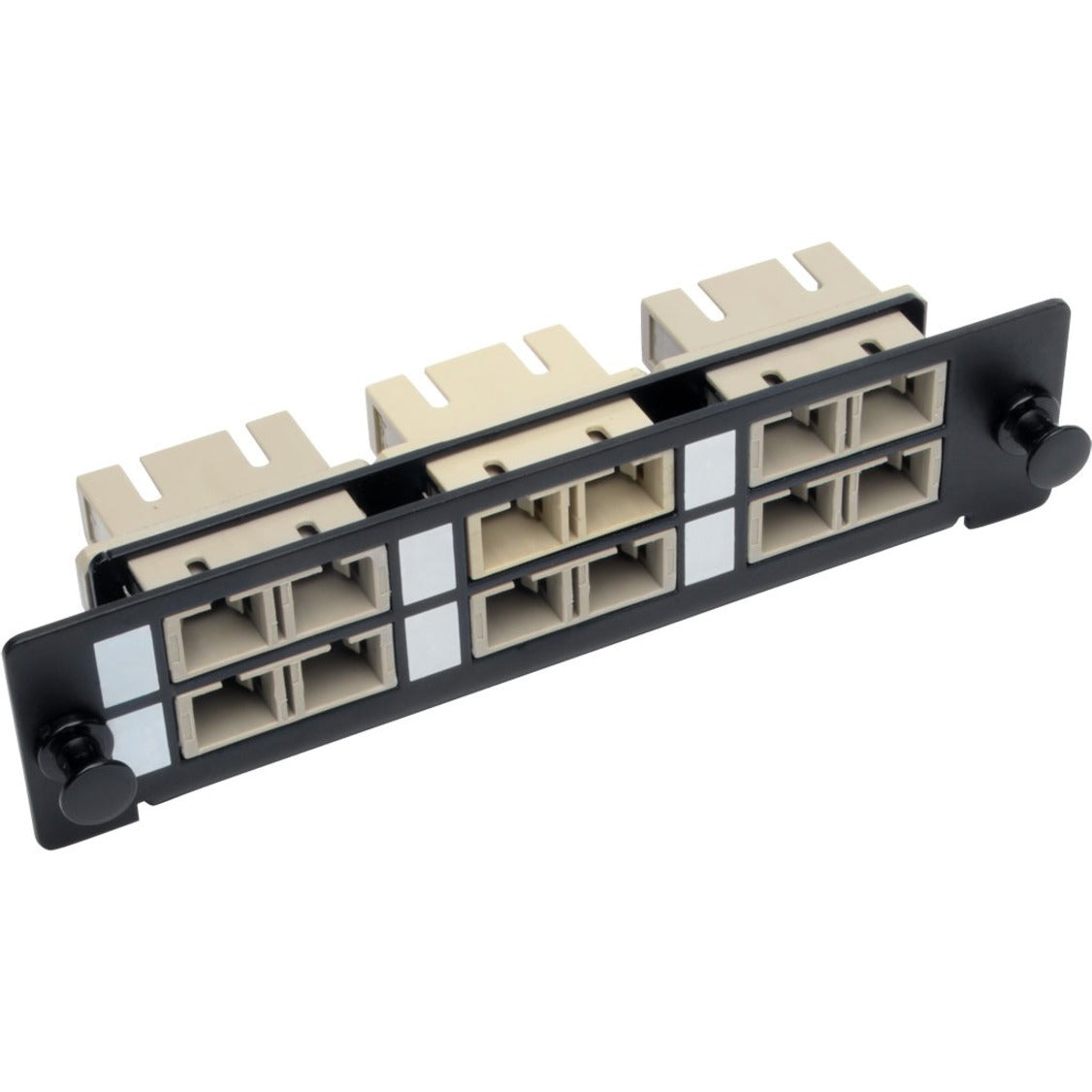 Front view of Tripp Lite N492-06D-SC fiber adapter panel showing six SC duplex ports in beige color mounted on black steel frame-alternate-image1