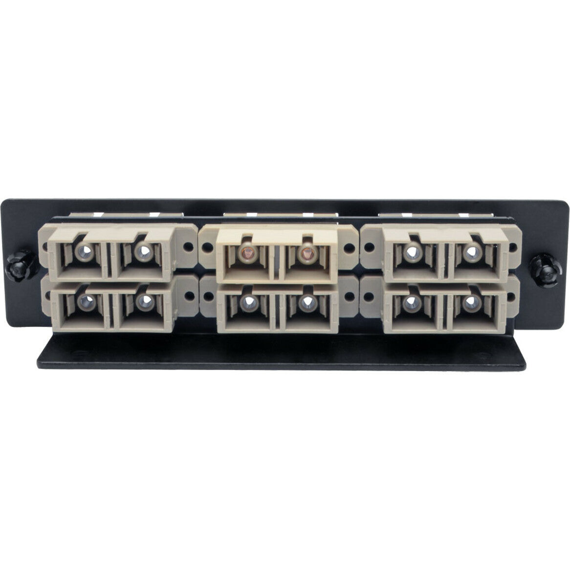 Close-up view of SC duplex ports on Tripp Lite fiber adapter panel showing dual-row arrangement-alternate-image2