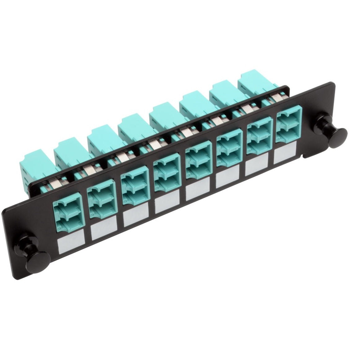 Front view of black fiber adapter panel with 8 aqua LC duplex connectors and labeling spaces-alternate-image1