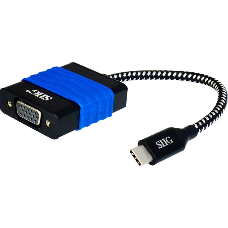 Close-up view of SIIG USB-C to VGA adapter showing blue grip section and connectors