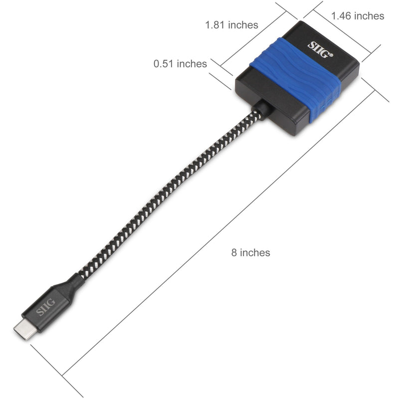 Dimensional diagram of SIIG USB-C to VGA adapter showing exact measurements